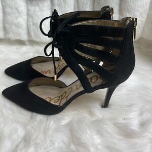 Sam Edelman black leather suede ankle lace up heels with back zipper size 8M